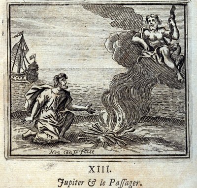 ジュピターと乗客。ジャン・ド・ラ・フォンテーヌ（1621-95）の寓話。挿絵はフランソワ・ショーボー（1613-1676）。1728年の版。 作： Francois Chauveau