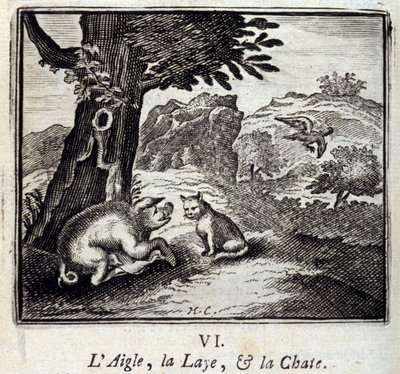 ジャン・ド・ラ・フォンテーヌ（1621-95）の寓話集「鷲とガチョウとプッシー」。フランソワ・ショーボー（1613-1676）によるイラスト。1728年の版。 作： Francois Chauveau