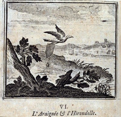 ジャン・ド・ラ・フォンテーヌ（1621-95）の寓話「蜘蛛と燕」。フランソワ・ショーボー（1613-1676）によるイラスト。1728年の版。 作： Francois Chauveau