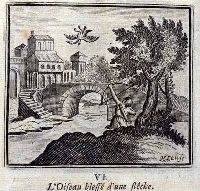The Bird with an arrow Fables by Jean de La Fontaine (1621-95).フランソワ・ショーボー（1613-1676）によるイラスト。1728年の版。 作： Francois Chauveau