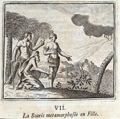 La Souris metamorphosed into a girl.Fables by Jean de La Fontaine (1621-95).挿絵はフランソワ・ショーボー（1613-1676）。1728年の版。 作： Francois Chauveau