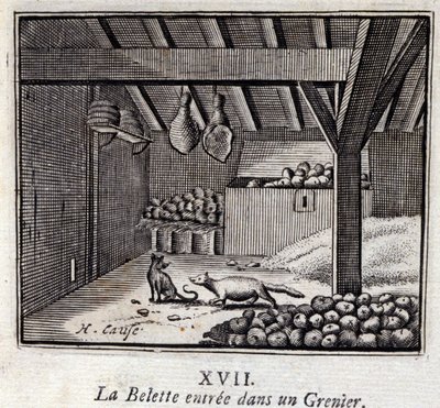 グルニエに入ったLa Weasette。ジャン・ド・ラ・フォンテーヌ（1621-95）の寓話。挿絵はフランソワ・ショーボー（1613-1676）。1728年の版。 作： Francois Chauveau