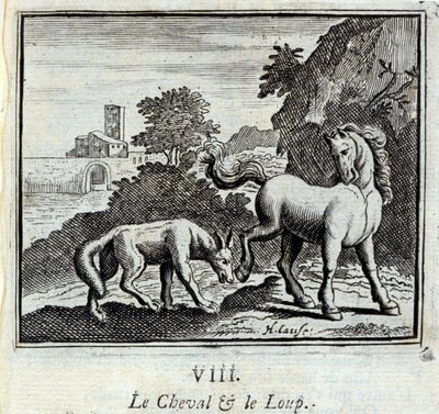 ジャン・ド・ラ・フォンテーヌ（1621-95）の「馬と狼」の寓話。フランソワ・ショーボー（1613-1676）によるイラスト。1728年の版。 作： Francois Chauveau