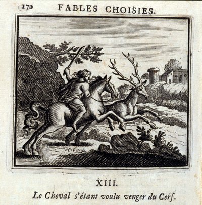 Le ChevalはDeerに復讐したかった。ジャン・ド・ラ・フォンテーヌ（1621-95）の寓話。挿絵はフランソワ・ショーボー（1613-1676）。1728年の版。 作： Francois Chauveau