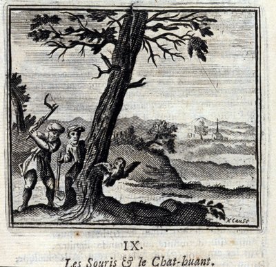 ジャン・ド・ラ・フォンテーヌ（1621-95）の『ネズミと猫のヒュアン』寓話。フランソワ・ショーボー（1613-1676）によるイラスト。1728年の版。 作： Francois Chauveau