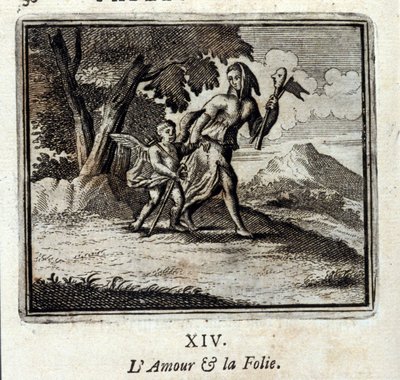 愛と狂気。ジャン・ド・ラ・フォンテーヌ（1621-95）の寓話。挿絵はフランソワ・ショーボー（1613-1676）。1728年の版。 作： Francois Chauveau