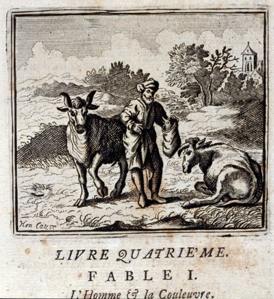 人と蛇。ジャン・ド・ラ・フォンテーヌ（1621-95）の寓話。挿絵はフランソワ・ショーボー（1613-1676）。1728年の版。 作： Francois Chauveau