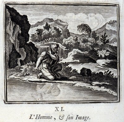 人間とそのイメージジャン・ド・ラ・フォンテーヌ（1621-95）の寓話。挿絵はフランソワ・ショーボー（1613-1676）。1728年の版。 作： Francois Chauveau