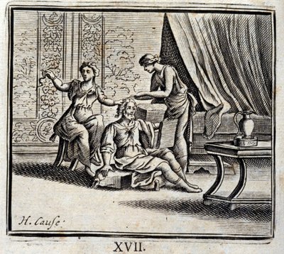 2つの年齢の間にいる男と、2人のウェイトレス。ジャン・ド・ラ・フォンテーヌ（1621-95）の寓話。挿絵はフランソワ・ショーボー（1613-1676）。1728年の版。 作： Francois Chauveau