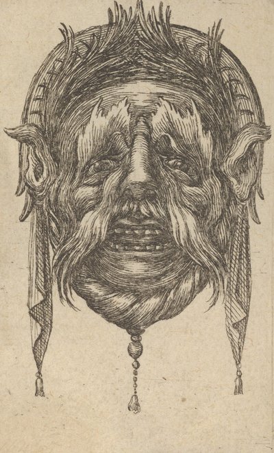 長い眉毛と口ひげのあるマスク、ぶら下がっている布の頭飾り、「Dive...」から。 1635-45。 作： Francois Chauveau