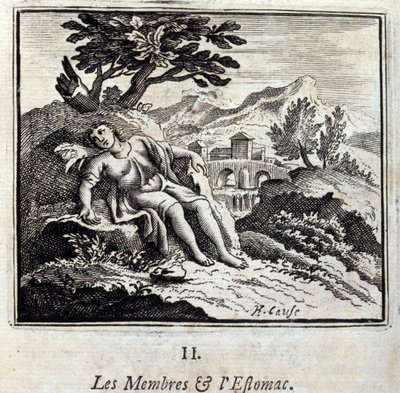 メンバーと胃袋。ジャン・ド・ラ・フォンテーヌ（1621-95）の寓話。挿絵はフランソワ・ショーボー（1613-1676）。1728年の版。 作： Francois Chauveau