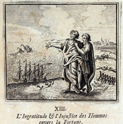 人の恩返しと幸運への不公平。ジャン・ド・ラ・フォンテーヌ（1621-95）の寓話。挿絵はフランソワ・ショーボー（1613-1676）。1728年の版。 作： Francois Chauveau