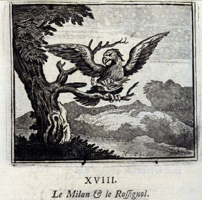 ミラノとナイチンゲールジャン・ド・ラ・フォンテーヌ（1621-95）の寓話。挿絵はフランソワ・ショーボー（1613-1676）。1728年の版。 作： Francois Chauveau