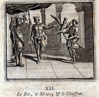 王様と狩人のミラン。ジャン・ド・ラ・フォンテーヌ（1621-95）の寓話。挿絵はフランソワ・ショーボー（1613-1676）。1728年の版。 作： Francois Chauveau
