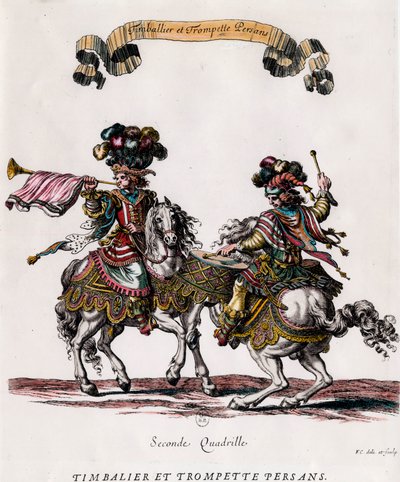 ルイ14世（1639-1715）から贈られたカルーセル（回転木馬）中のペルシャのティンバリエとトランペット フランソワ・ショーボー（1613-1676）によるエングレーヴィング 1662年頃 個人蔵 作： Francois Chauveau
