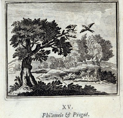 フィロメアとプログネジャン・ド・ラ・フォンテーヌ（1621-95）の寓話集。挿絵はフランソワ・ショーボー（1613-1676）。1728年の版。 作： Francois Chauveau
