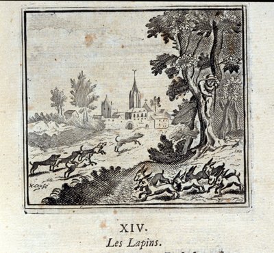 ウサギです。ジャン・ド・ラ・フォンテーヌ（1621-95）の寓話集。フランソワ・ショーボー（1613-1676）によるイラスト。1728年の版。 作： Francois Chauveau
