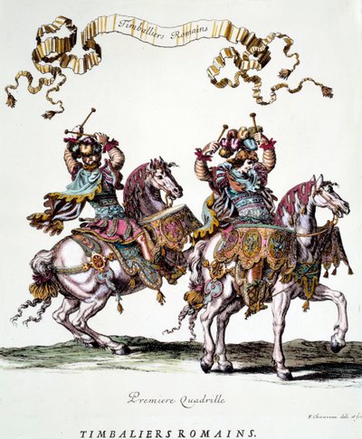 1662年にルイ14世（1638-1715）から贈られたカルーセル（回転木馬）の中のローマのティンバリエ フランソワ・ショーボー（1613-1676）のエングレーヴィング 17世紀 個人蔵 作： Francois Chauveau