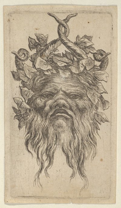 鉤状の角とツタの花輪を持つサテュロス マスク、ダイバーズ マスクス、カリフォルニア州。 1635-45。 作： Francois Chauveau