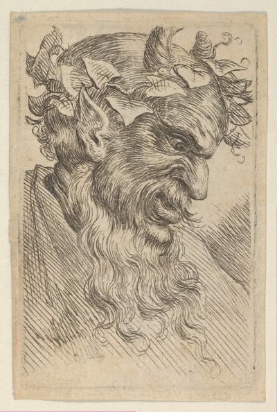 ツタの冠をかぶったサテュロス マスク、右向き、「ダイバーズ マスクス」より。 1635-45。 作： Francois Chauveau