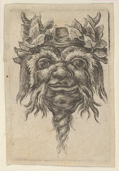 らせん状のあごひげと各角の周りにツタがグループ化されたサテュロス マスク。 1635-45。 作： Francois Chauveau