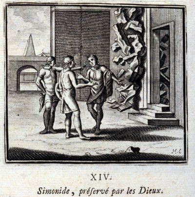 シモニデスは神々によって保存されています。ジャン・ド・ラ・フォンテーヌ（1621-95）の寓話。挿絵はフランソワ・ショーボー（1613-1676）。1728年の版。 作： Francois Chauveau