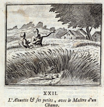 アルエットとその小人たちと、畑の主。ジャン・ド・ラ・フォンテーヌ（1621-95）の寓話。挿絵はフランソワ・ショーボー（1613-1676）。1728年の版。 作： Francois Chauveau