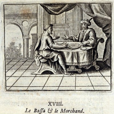 バッサと商人。ジャン・ド・ラ・フォンテーヌ（1621-95）の寓話。挿絵はフランソワ・ショーボー（1613-1676）。1728年の版。 作： Francois Chauveau