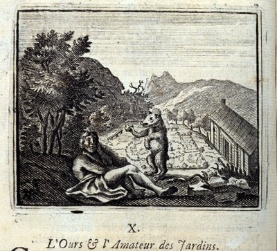 熊と庭の素人。ジャン・ド・ラ・フォンテーヌ(1621-95)の寓話。挿絵はフランソワ・ショーボー（1613-1676）。1728年の版。 作： Francois Chauveau
