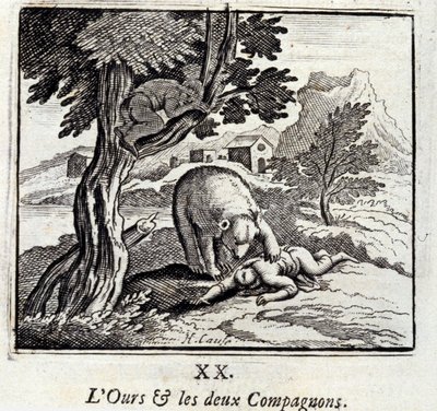 熊と二人の仲間たちジャン・ド・ラ・フォンテーヌ（1621-95）の寓話。挿絵はフランソワ・ショーボー（1613-1676）。1728年の版。 作： Francois Chauveau