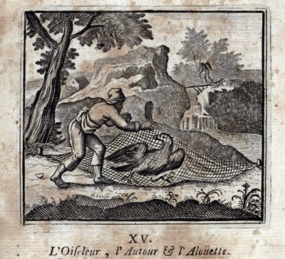 小鳥......アラウンド......アルエットジャン・ド・ラ・フォンテーヌ（1621-95）の寓話。挿絵はフランソワ・ショーボー（1613-1676）。1728年の版。 作： Francois Chauveau
