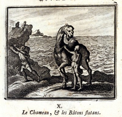 ラクダと浮き輪の棒。ジャン・ド・ラ・フォンテーヌ（1621-95）の寓話。挿絵はフランソワ・ショーボー（1613-1676）。1728年の版。 作： Francois Chauveau