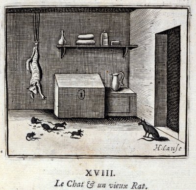 猫と老鼠。ジャン・ド・ラ・フォンテーヌ（1621-95）の寓話。挿絵はフランソワ・ショーボー（1613-1676）。1728年の版。 作： Francois Chauveau