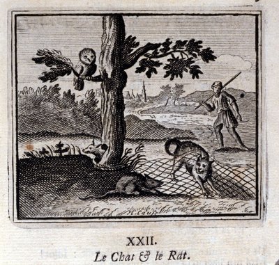 猫とネズミ。ジャン・ド・ラ・フォンテーヌ（1621-95）の寓話。挿絵はフランソワ・ショーボー（1613-1676）。1728年の版。 作： Francois Chauveau
