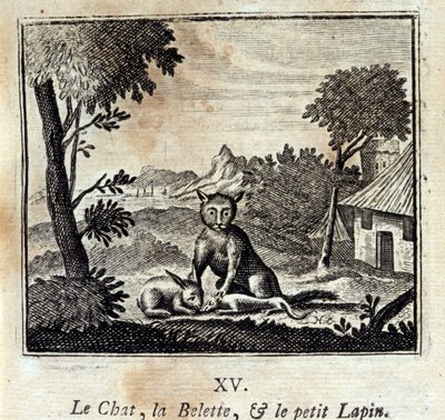 ネコとイタチと小ウサギ。ジャン・ド・ラ・フォンテーヌ（1621-95）の寓話。挿絵はフランソワ・ショーボー（1613-1676）。1728年の版。 作： Francois Chauveau