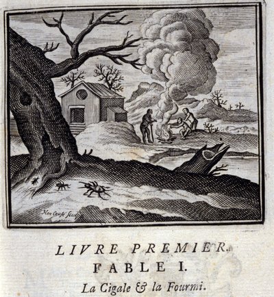 シガールと蟻。ジャン・ド・ラ・フォンテーヌ（1621-95）の寓話。挿絵はフランソワ・ショーボー（1613-1676）。1728年の版。 作： Francois Chauveau