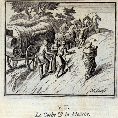 コシェとハエ。ジャン・ド・ラ・フォンテーヌ（1621-95）の寓話。挿絵はフランソワ・ショーボー（1613-1676）。1728年の版。 作： Francois Chauveau