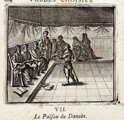 ドナウの農夫。ジャン・ド・ラ・フォンテーヌ（1621-95）の寓話。挿絵はフランソワ・ショーボー（1613-1676）。1728年の版。 作： Francois Chauveau