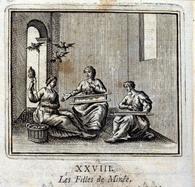 ミニーの娘たち」。ジャン・ド・ラ・フォンテーヌ（1621-95）の寓話。挿絵はフランソワ・ショーボー（1613-1676）。1728年の版。 作： Francois Chauveau