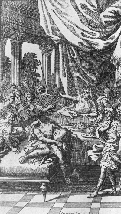 ブリタニクスの死、1676年に出版されたJean Racineによる「Britannicus」（1669年） 作： Francois Chauveau