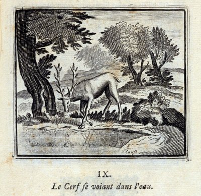 水の中に自分を見る鹿。ジャン・ド・ラ・フォンテーヌ（1621-95）の寓話。挿絵はフランソワ・ショーボー（1613-1676）。1728年の版。 作： Francois Chauveau