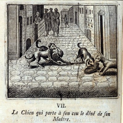 主人のダインを首にかけている犬がいる。ジャン・ド・ラ・フォンテーヌ（1621-95）の寓話。挿絵はフランソワ・ショーボー（1613-1676）。1728年の版。 作： Francois Chauveau