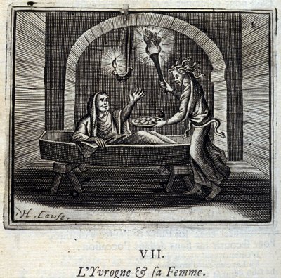 酔っぱらいとその妻ジャン・ド・ラ・フォンテーヌ（1621-95）の寓話。挿絵はフランソワ・ショーボー（1613-1676）。1728年の版。 作： Francois Chauveau