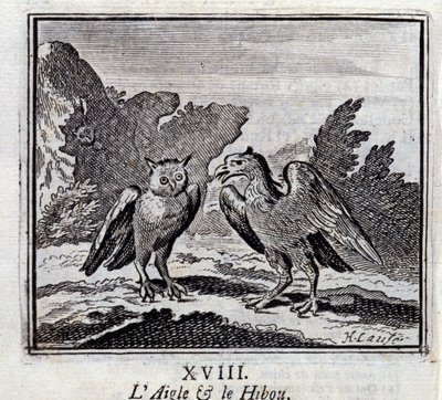 鷲とフクロウジャン・ド・ラ・フォンテーヌ（1621-95）の寓話。挿絵はフランソワ・ショーボー（1613-1676）。1728年の版。 作： Francois Chauveau