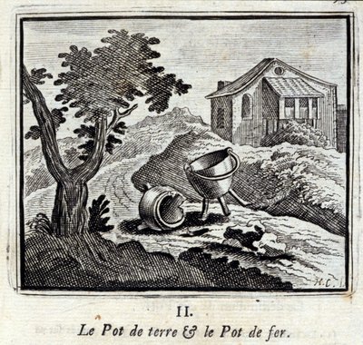 土鍋と鉄鍋。ジャン・ド・ラ・フォンテーヌ（1621-95）の寓話。挿絵はフランソワ・ショーボー（1613-1676）。1728年の版。 作： Francois Chauveau