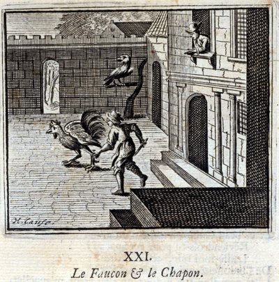 ファルコンとカポン。ジャン・ド・ラ・フォンテーヌ（1621-95）の寓話。挿絵はフランソワ・ショーボー（1613-1676）。1728年の版。 作： Francois Chauveau
