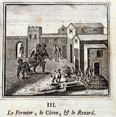 農夫、犬、キツネ。ジャン・ド・ラ・フォンテーヌ（1621-95）の寓話。挿絵はフランソワ・ショーボー（1613-1676）。1728年の版。 作： Francois Chauveau
