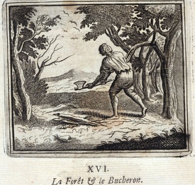 森とブシュロン。ジャン・ド・ラ・フォンテーヌ（1621-95）の寓話。挿絵はフランソワ・ショーボー（1613-1676）。1728年の版。 作： Francois Chauveau
