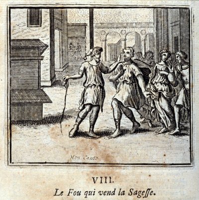 知恵を売るフー。ジャン・ド・ラ・フォンテーヌ（1621-95）の寓話。挿絵はフランソワ・ショーボー（1613-1676）。1728年の版。 作： Francois Chauveau