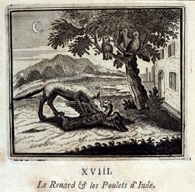 インドのキツネとニワトリ」。ジャン・ド・ラ・フォンテーヌ（1621-95）の寓話。挿絵はフランソワ・ショーボー（1613-1676）。1728年の版。 作： Francois Chauveau
